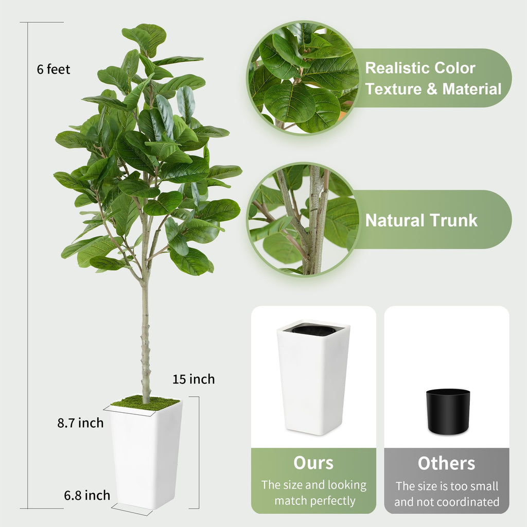 Artificial Fiddle Leaf Fig Tree 6ft - Realistic Tall Fake Plants Home Living Room Bedroom Decor Indoor Outdoor