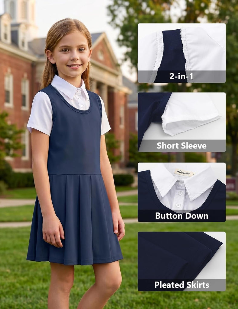Girls 2 in 1 School Uniform Dress Short Sleeve Pleated Jumper Button Down Shirts Dresses