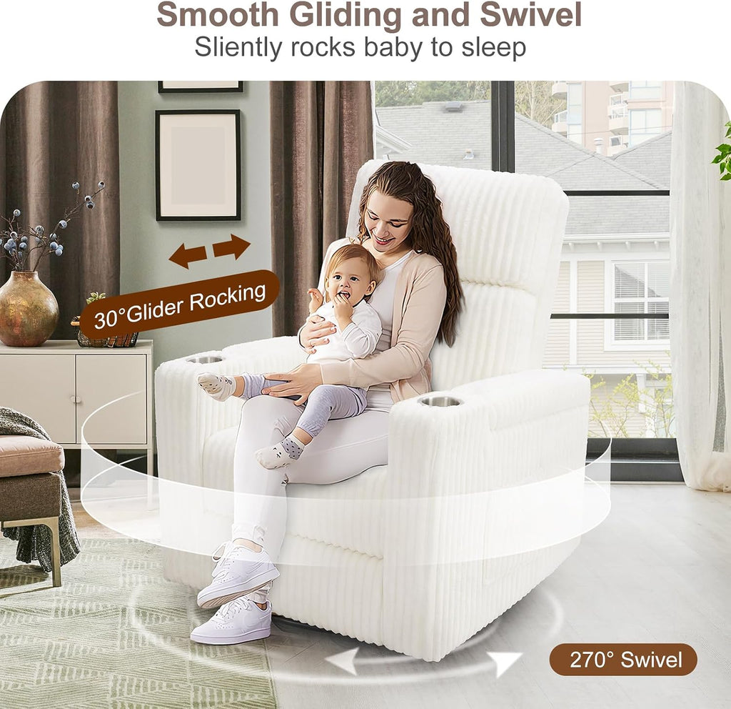 Power Recliner Rocking Chair Nursery, Swivel Glider, White | Premium Corduroy Rocker with USB-A & USB-C Ports, Arm