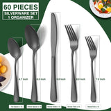 60-Piece Black Silverware Set with Organizer, Stainless Steel Flatware for 12, Cutlery Utensil Set