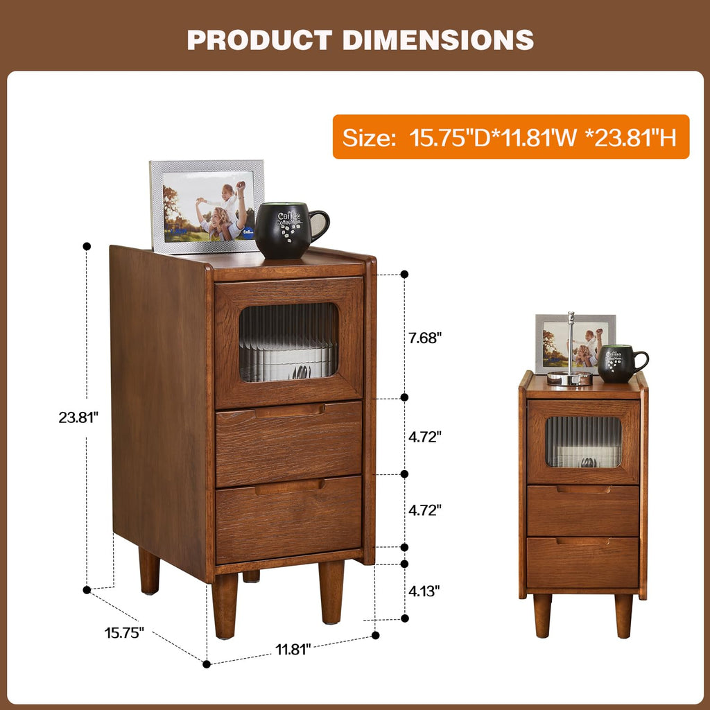 Solid wood Nightstand, Glass Door Storage Cabinet with 2 Drawers Walnut