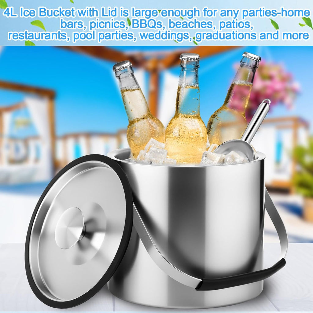 4 L Double Wall Insulated Ice Bucket with Lid, Scoop, Strainer, Handle Large Stainless Steel Wine Ice Bucket Upgraded