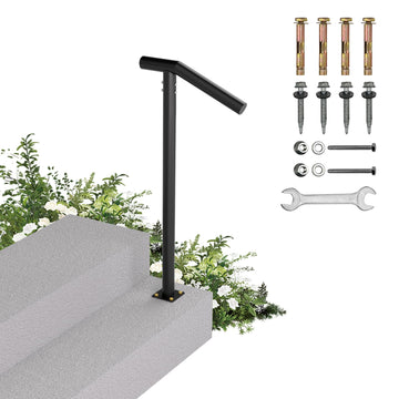 1-2 Step Single Post Handrail-Outdoor Stair Rail- Single Post Wrought Iron Handrail with DIY Tool Kit, 38" H Black