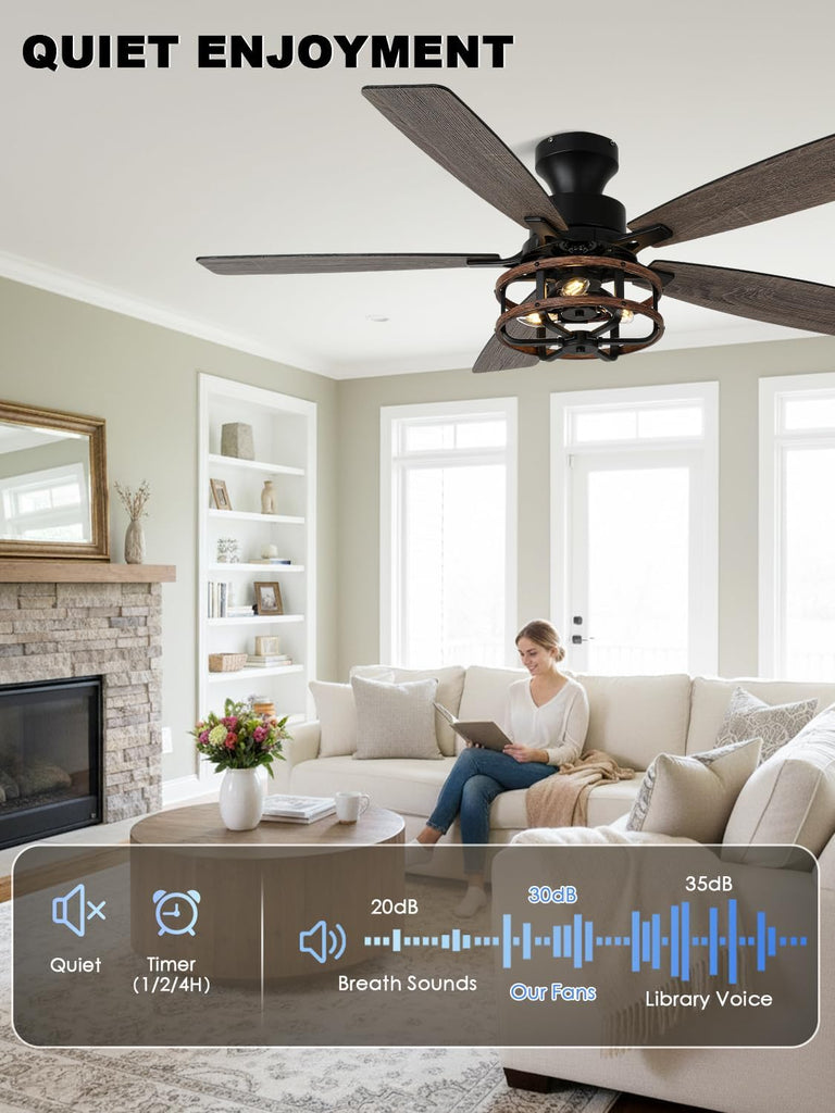 52 Inch Flush Mount Farmhouse Ceiling Fan with Light