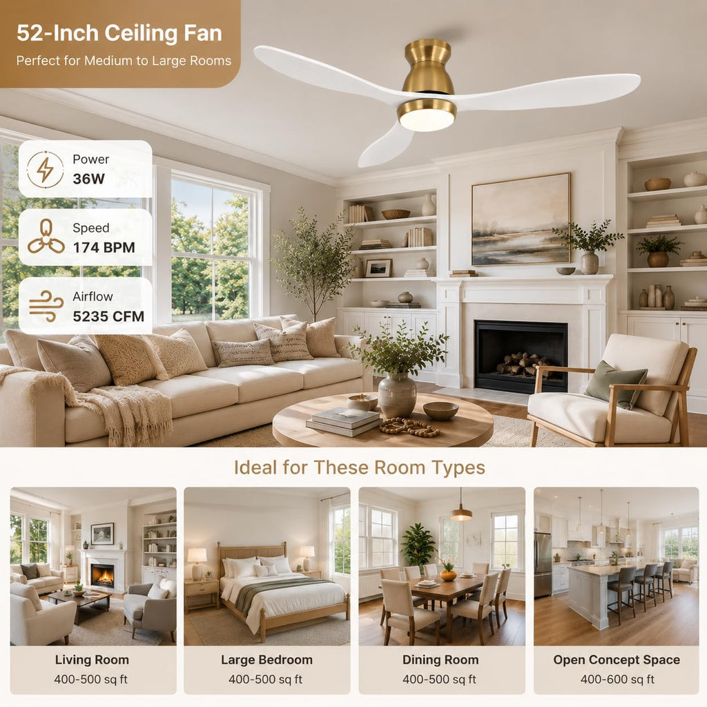 52 Inch White Ceiling Fan with Light, Solid Wood Blades, White and Gold Low Profile Ceiling Fan with Remote & APP