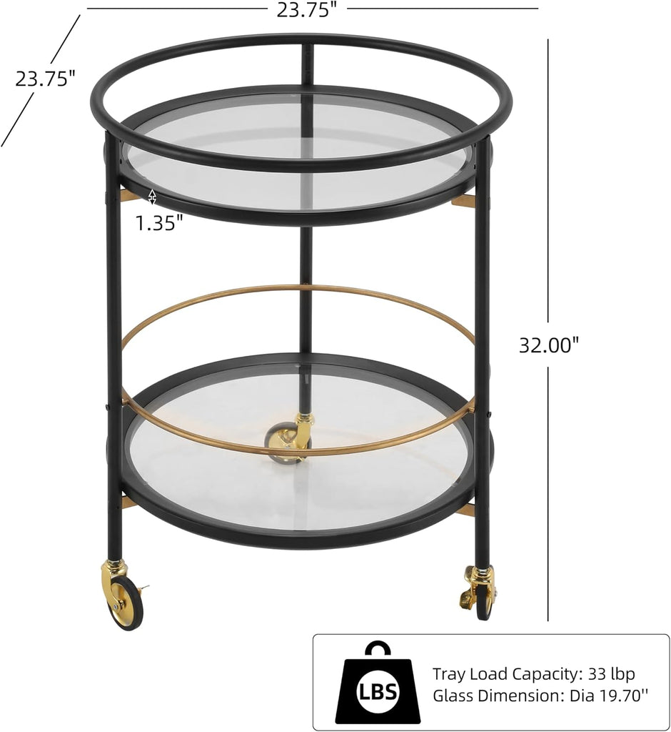 Modern Round Bar Cart with Dual Tempered Glass Shelves, Lockable Wheels and Gold Metal Accents, Rolling Beverage