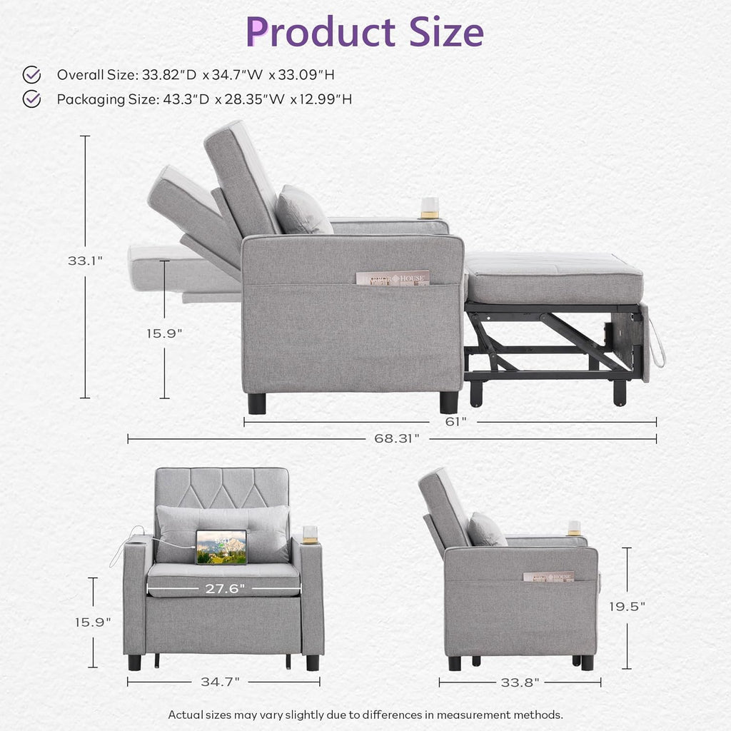 Convertible Sleeper Chair for Adults, Single Pull Out Couch Bed, Grey | , 3-in-1, USB/Type-C Ports, Cup Holders, Side