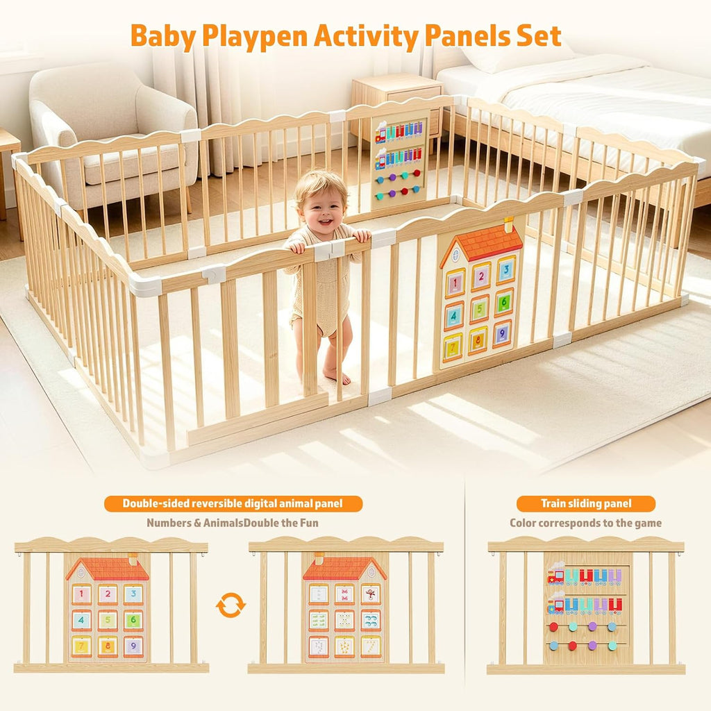 Wooden Baby Playpen with Built-in Activity Panel, 98x65x24In | Large Adjustable Natural Pine Wood Play Pen with