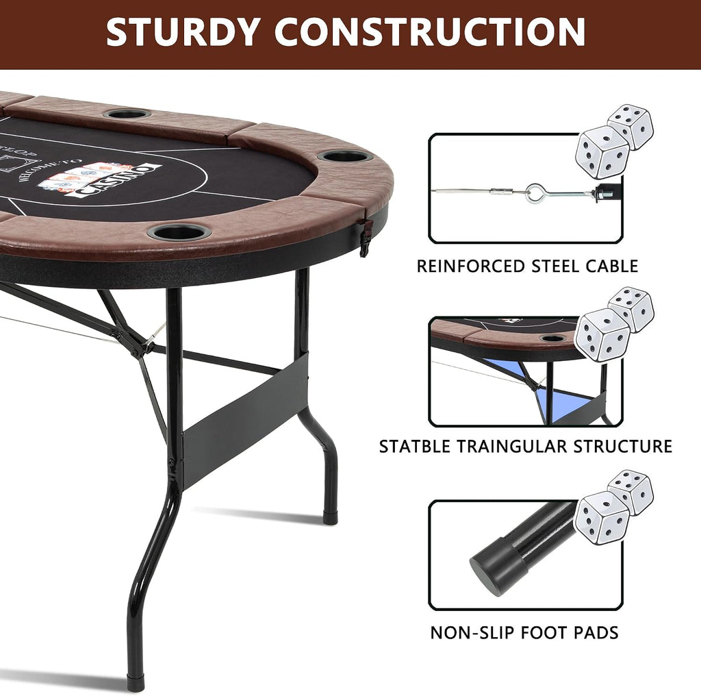 8 Player Folding Poker Tables, Texas Holdem Table with Padded Rails & Cup Holders, Foldable Casino Poker Table, Oval