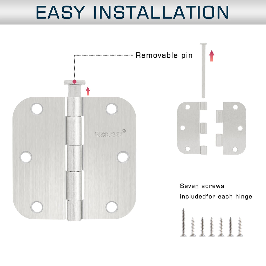 18 Pack Brushed Nickel Door Hinges 3.5 Inch, 5/8" Radius Rounded, Standard Residential for Doors 3 1⁄2", Sturdy