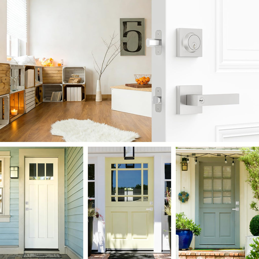 Exterior Door Lock Set with Deadbolt, Door Locks for Front Door with Single Cylinder Deadbolt Lock, Brushed Nickel