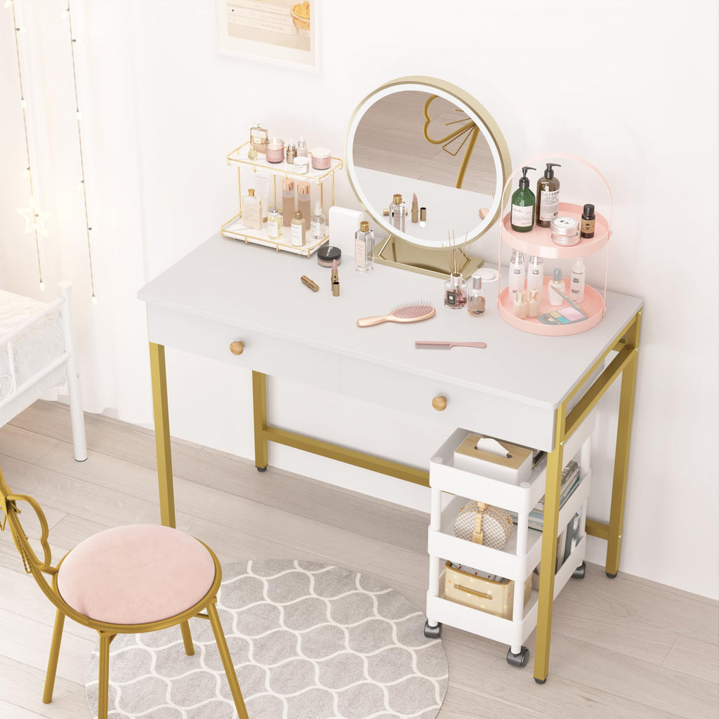 Computer Desk with Drawers, Home Office Workstation, White Gold