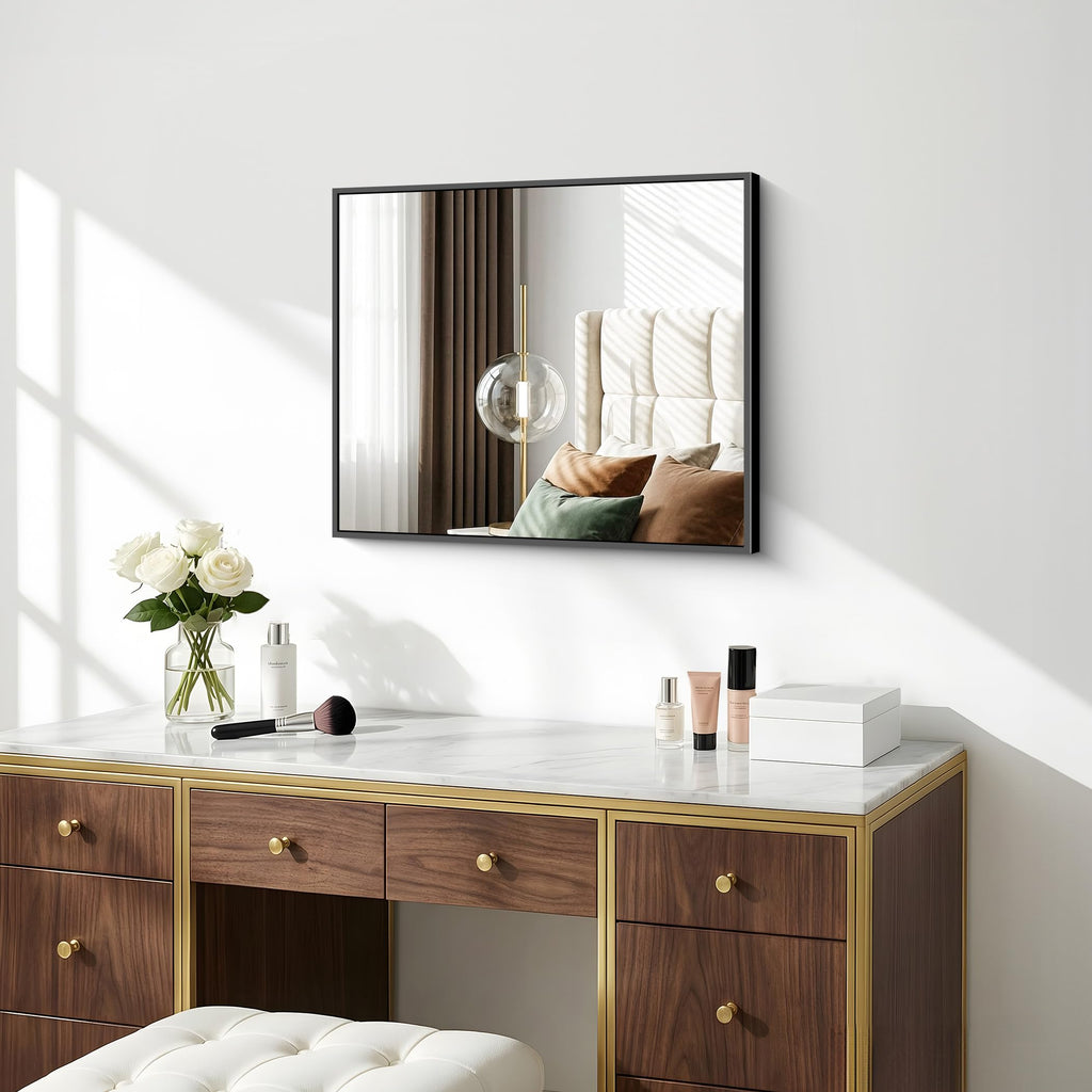 Bathroom Mirror, 20x24 inch Wall Mirror Wall Mounted Black Rectangle Square Corner Mirrors, Black Bathroom Mirror