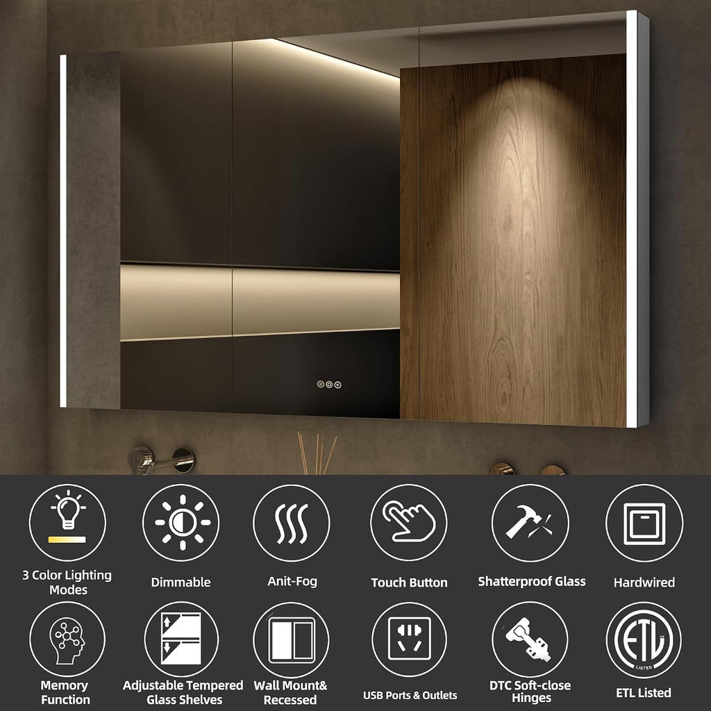60 x 32 Inch Medicine Cabinet with Mirror and LED Light | Recessed, Wall-Mounted, Dimmable, Anti-Fog, Memory