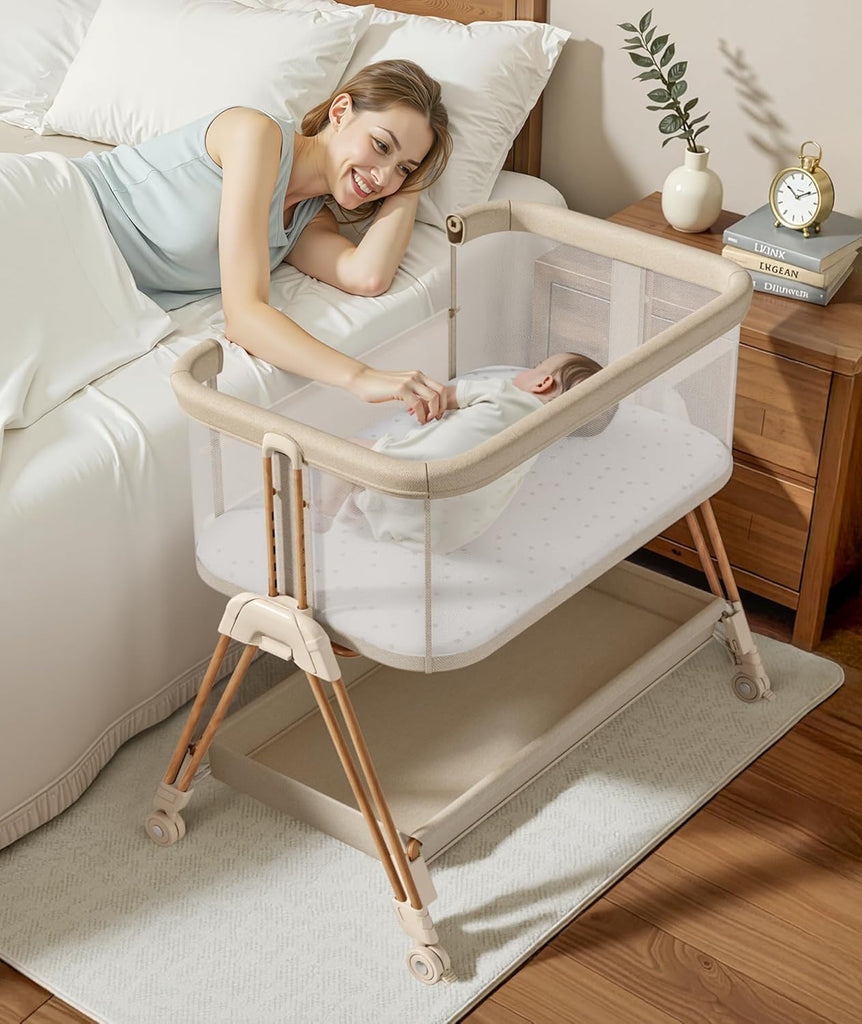 Baby Bassinets Bedside Sleeper - 3-in-1 Baby Bassinet with Wheels, Soft Mattress, Storage Tray, Full-Mesh Sides