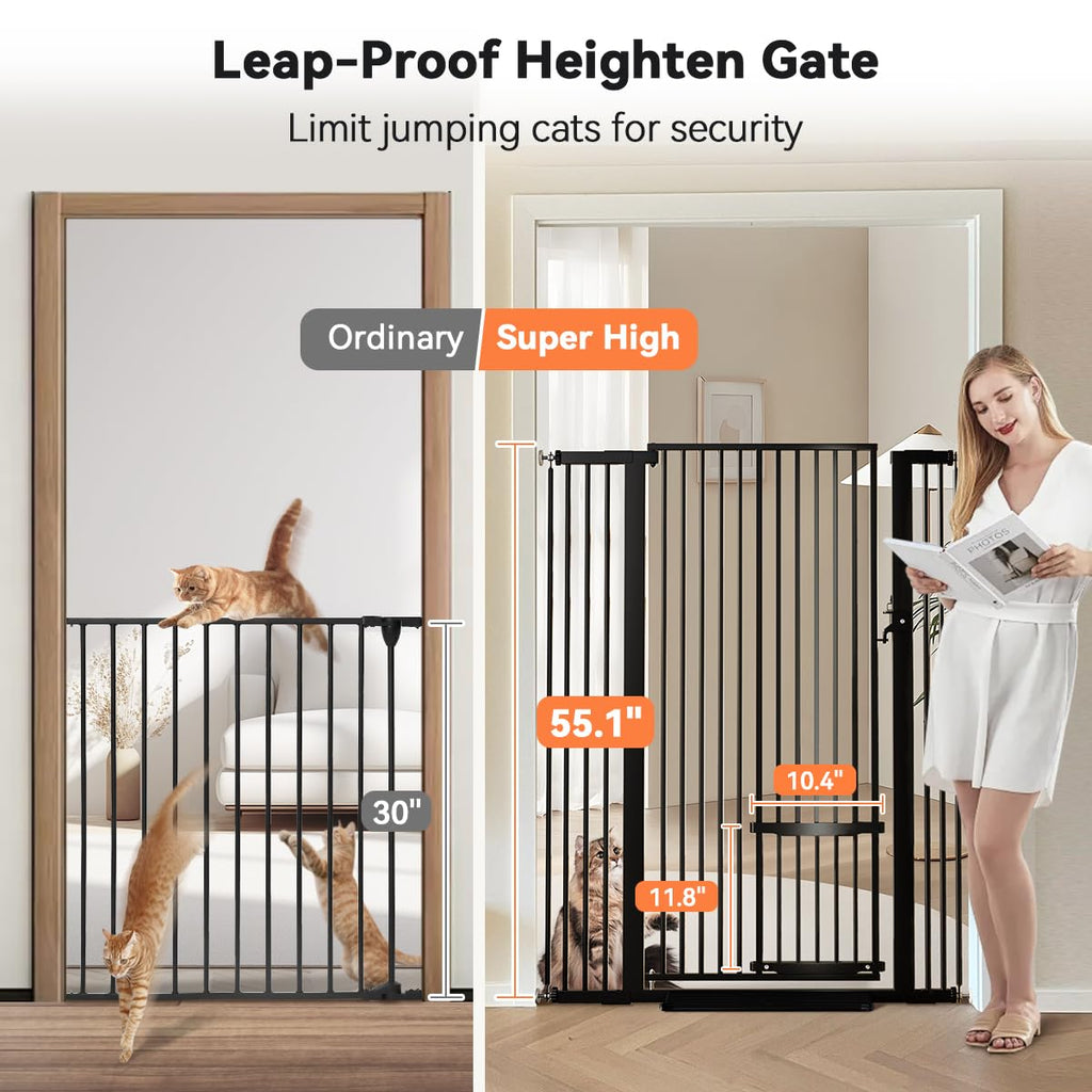 55.1" Extra Tall Pet Gate, 29.5-40.6" Wide with Adjustable Cat Door
