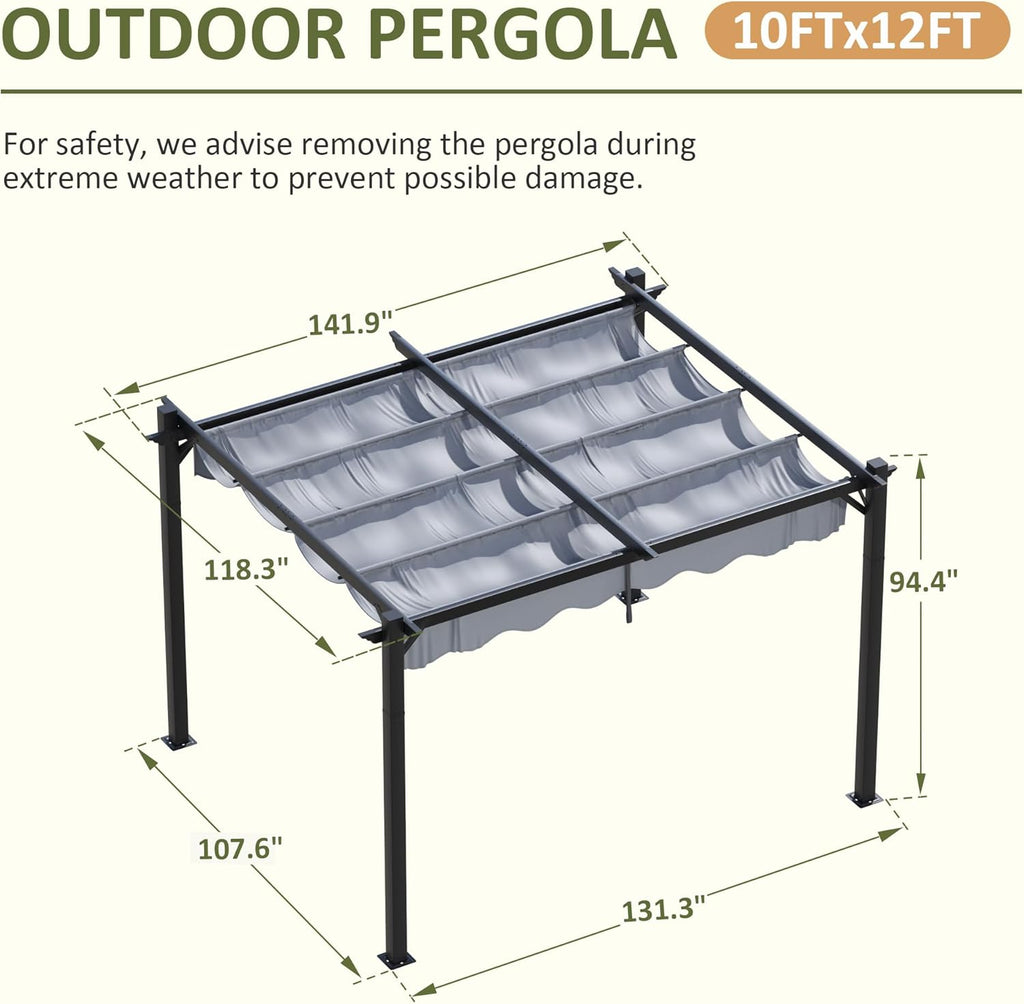 10'x12' Outdoor Pergola with Retractable Canopy, Patio Metal - Image 2
