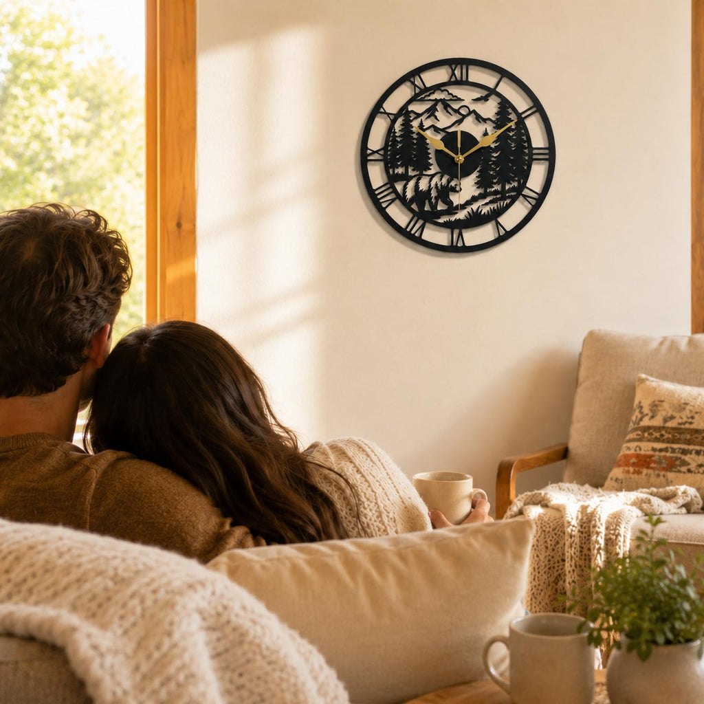 Metal Bear Wall Clock, Rustic Cabin Wall Clock, Mountain Wall Clock, Woodland Decor, Roman Numeral Wall Clock