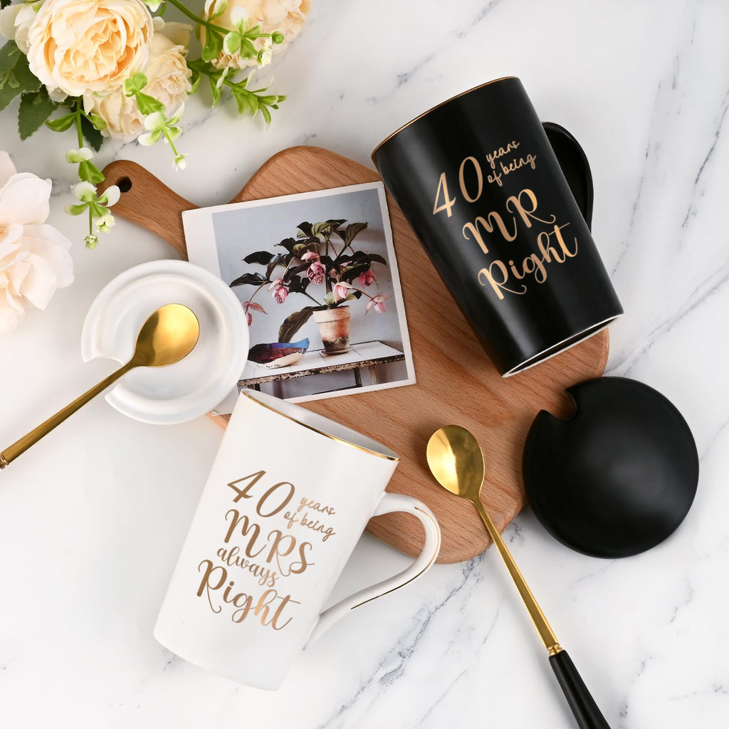 40th Wedding Gifts, 40 Years of Being Mr & Mrs Always Right Mug Set 14Oz with Lids Spoons and Gift Box, Christmas