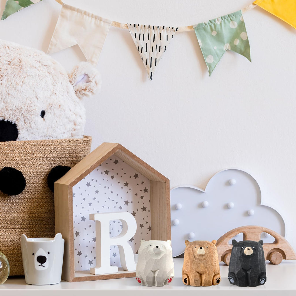 3 Pcs Mini Wooden Bears Figurines, Standing, 2 x 2.2 Inch