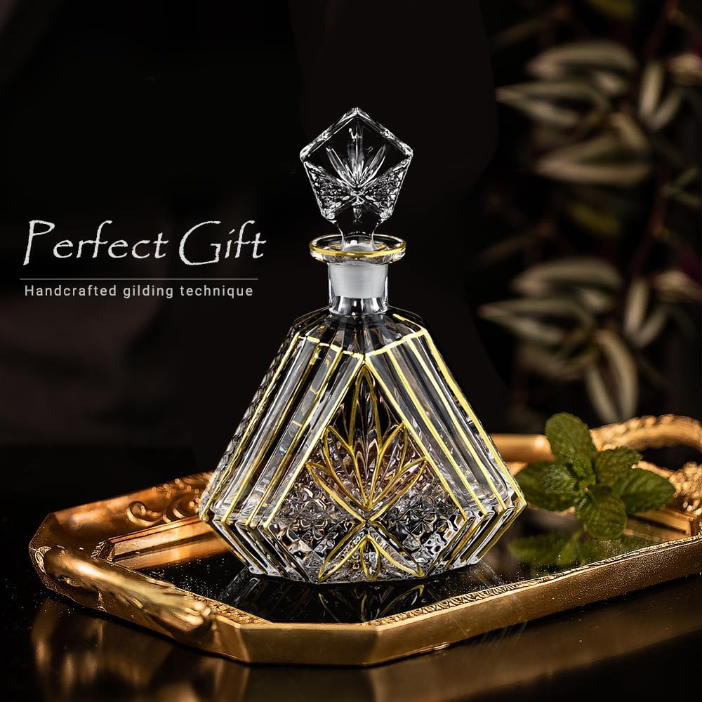 Hand-painted Gold Decanter Set for Men - Whiskey Decanter, Wine Aerator, and 2 Glasses, Liquor Bottles, Bourbon