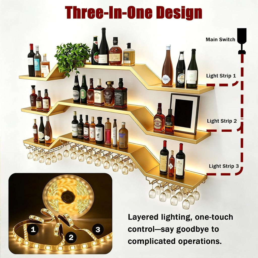 31.5in Wine Rack Wall Mounted, Move Individual Shelf LED Lights | 3-Tier Floating Bar Wall Shelves LED, Includes Wine