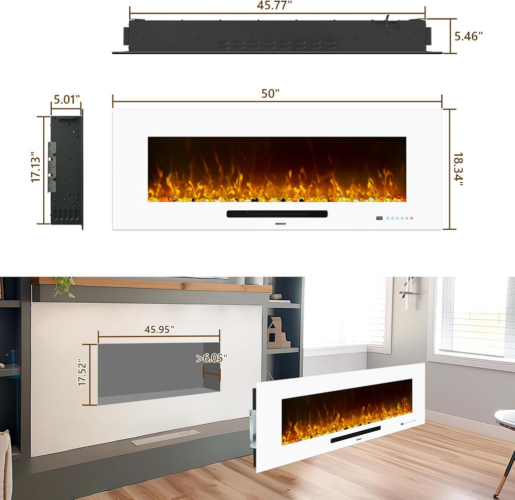50 inch Electric Fireplace, Recessed & Wall Mounted Fireplace Heater with Remote Control and 750/1500W Thermostat