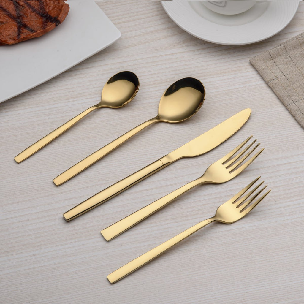 20 Piece Titanium Gold Plated Stainless Steel Flatware Set, 20 Pieces Golden Silverware Set, Golden Cutlery Set