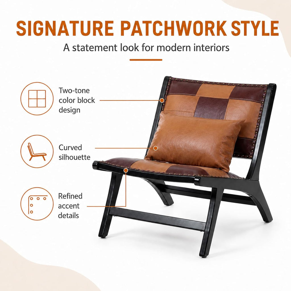 Modern Boho Accent Chair, Mid Century Lounge Chair with Solid Wood Frame, PU Leather Side Chair, Designer Small