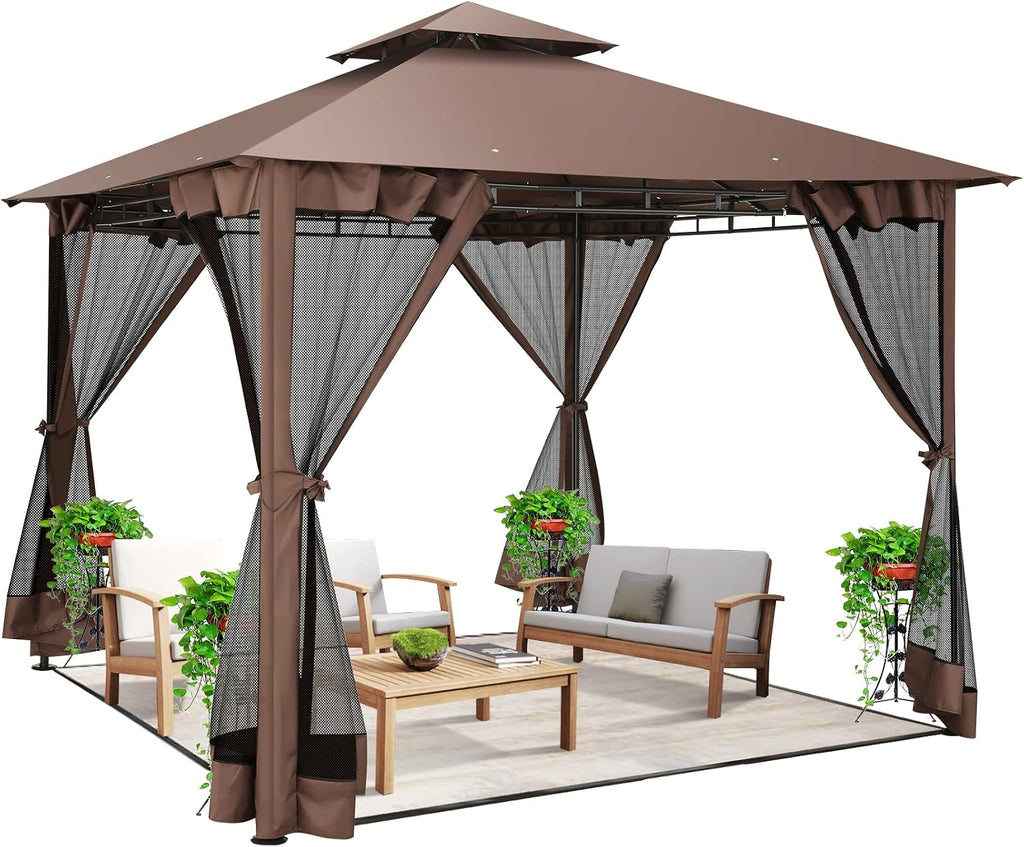 Outdoor Gazebo 10x10 Gazebos on Clearance with Netting, Waterproof Canopy Tent with Heavy Duty Party Tent Steel Frame