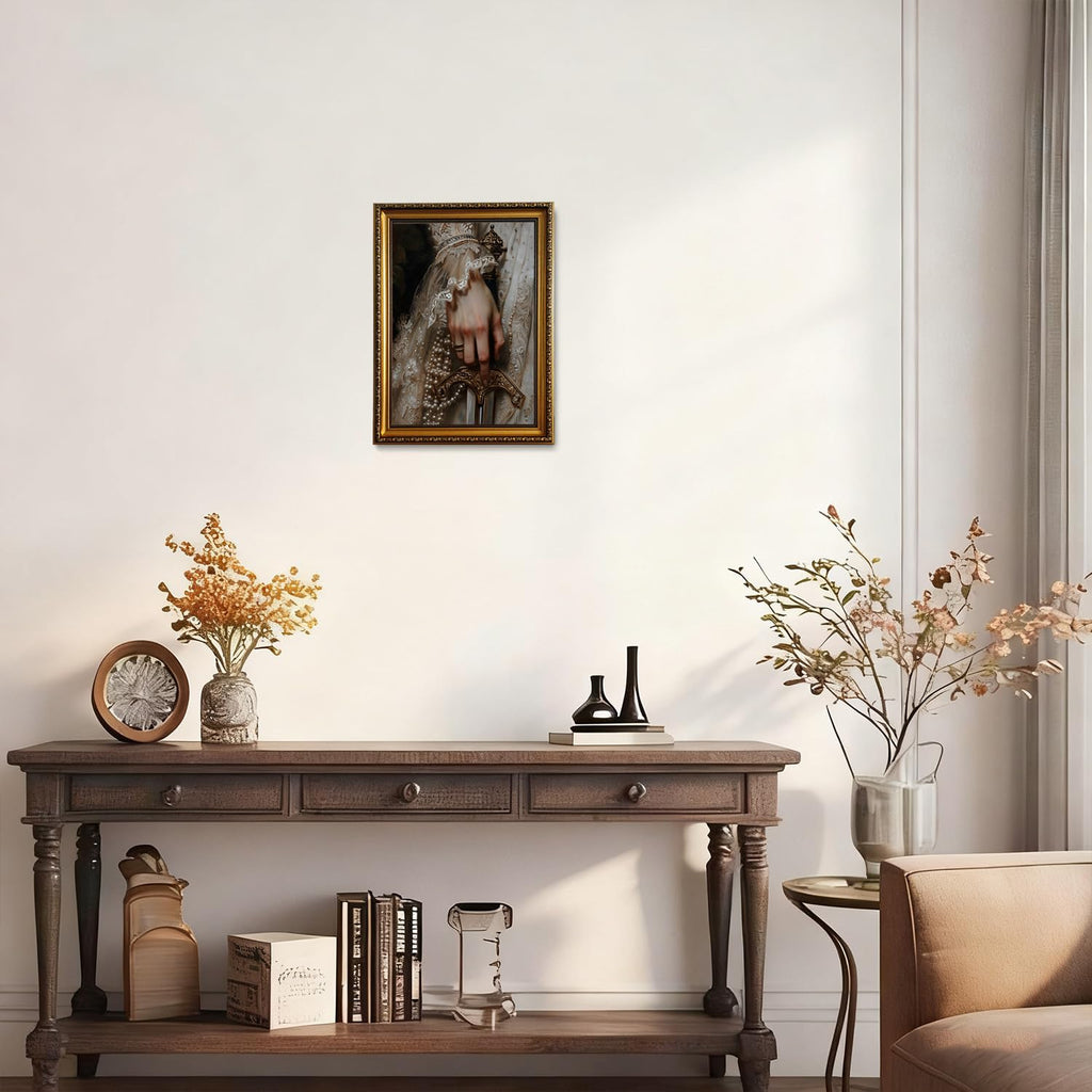 Vintage Gold Framed Wall Art Moody Dark Academia Canvas Wall Art Elegant Gothic Feminine Scene Pictures Wall Decor