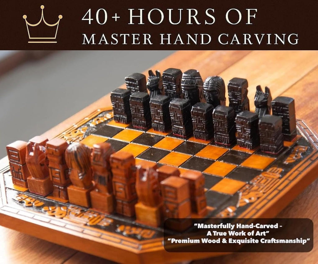 Hand Carved Luxury Chess Set Premium Oak Wood Board Decorative Artisan Pieces Set Gift Fancy Chess Set, Collectors