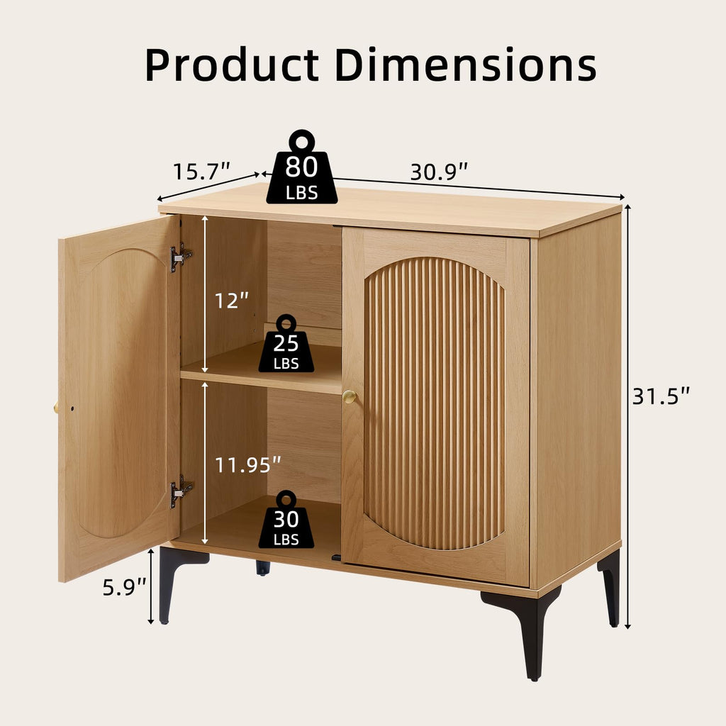 123.6" W Fluted Arched Buffet Cabinet with Storage, Natural Oak