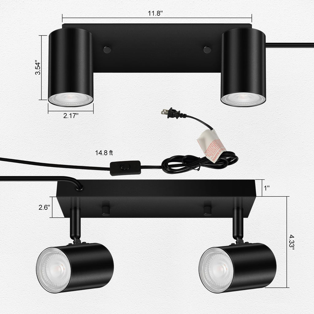 2 Light Track Lighting Kit,Black 2 Way Modern Plug in Ceiling Spotlight,Industrial LED Wall Light Cabinet Gallery Bar
