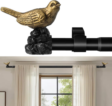 Vintage Black Curtain Rod 18 to 45 Inches Curtain Rods for Windows Adjustable Heavy Duty Drapery Rod with Gold Bird