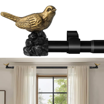 Vintage Black Curtain Rod 18 to 45 Inches Curtain Rods for Windows Adjustable Heavy Duty Drapery Rod with Gold Bird