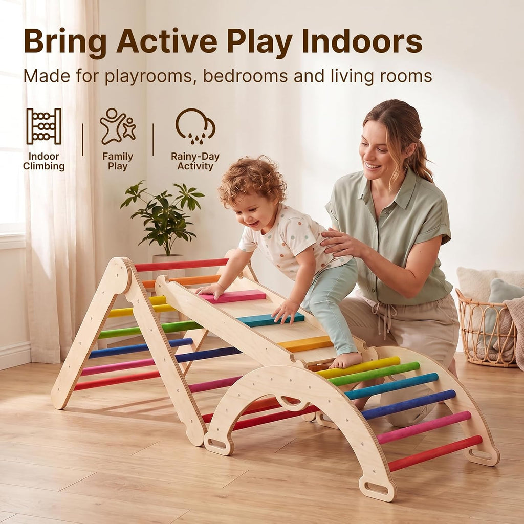 Pikler Triangle Set, Wooden Montessori Climbing Toys for 1-3 Year Old, Foldable in-1 Toddler Baby Indoor Play Gym