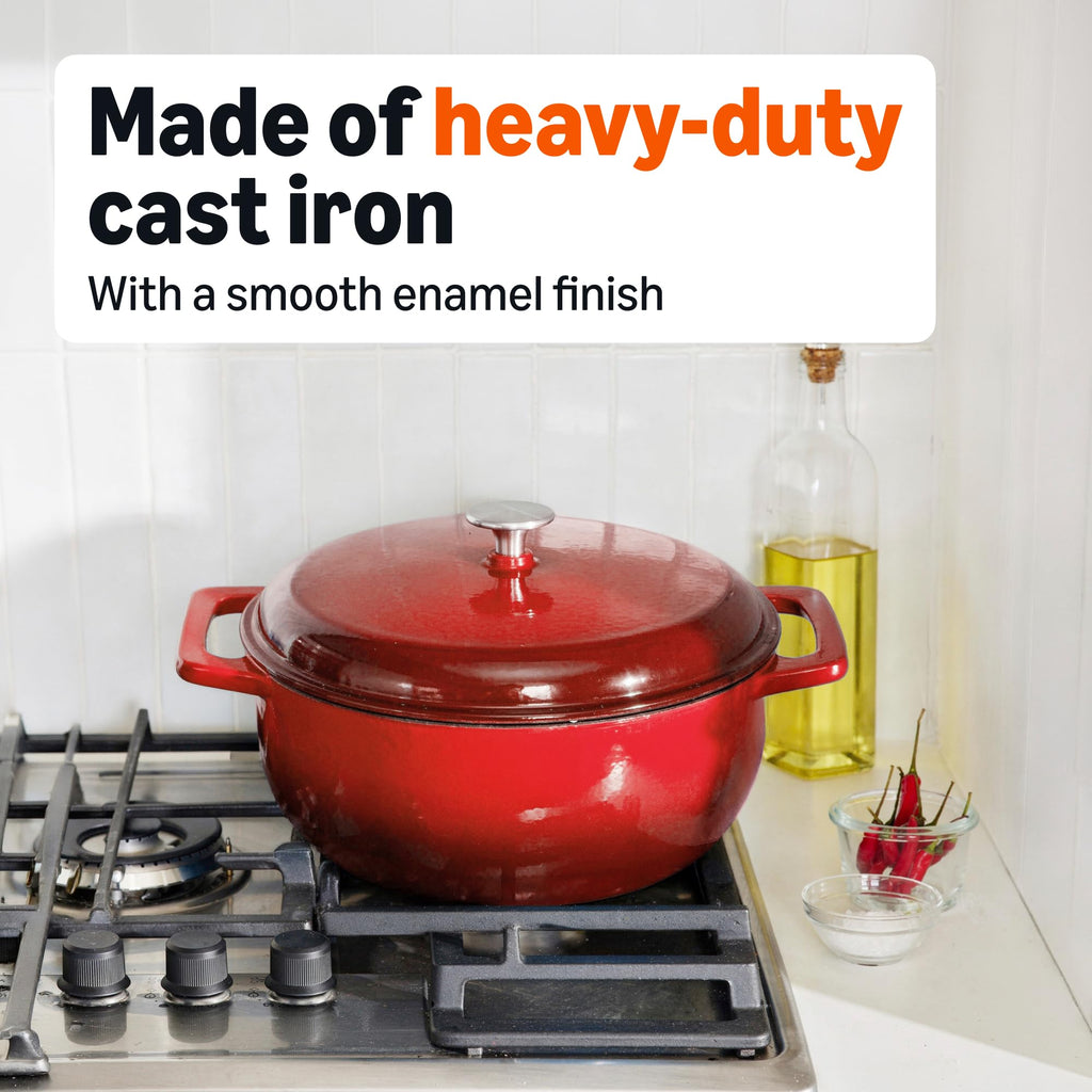 Enameled Cast Iron Dutch Oven Pot With Lid, 6-Quart, Round, Dual Handles, Heavy-Duty, Oven Safe for Stews, Roasting &