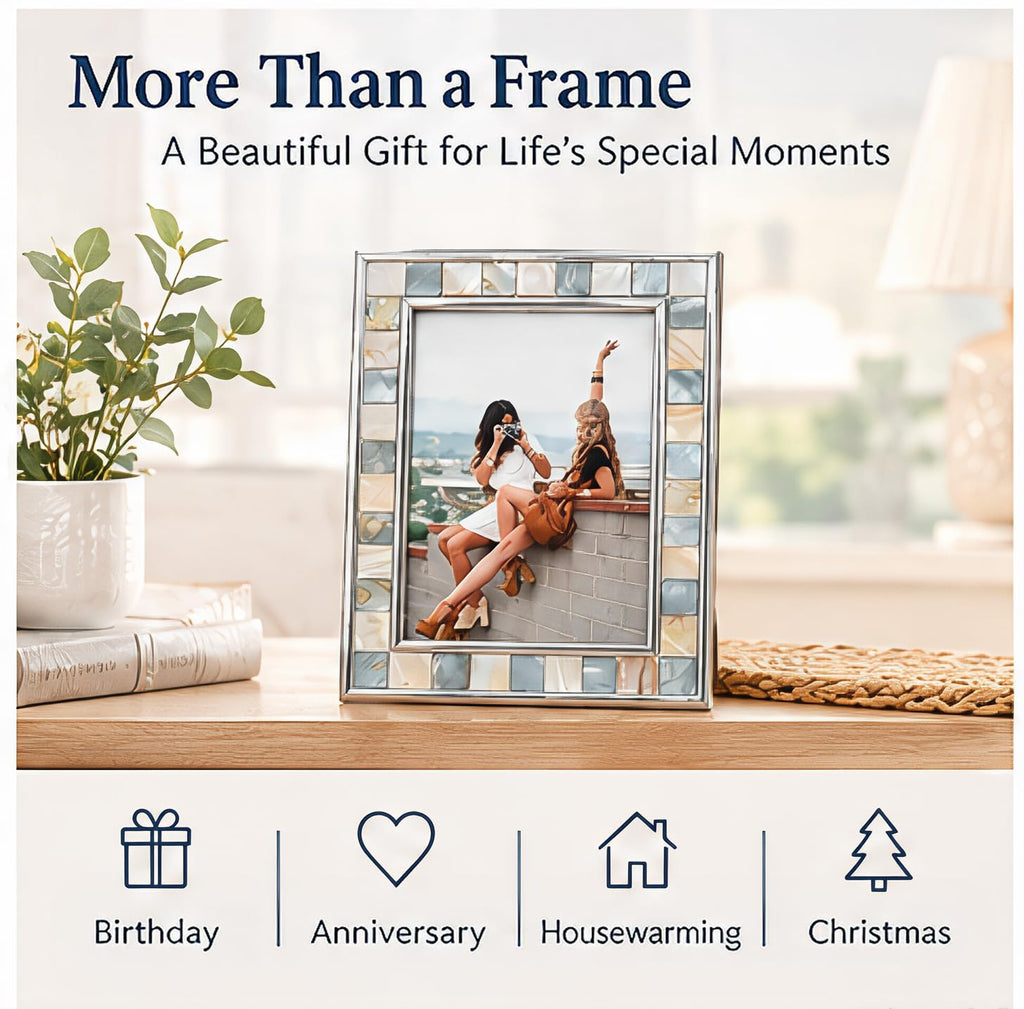 Silver Plate Picture Frame 4x6 Mother of Pearl 4 by 6 Photo Frame Mosaic Glass Tabletop Frame (Grey+ White, 1pc)