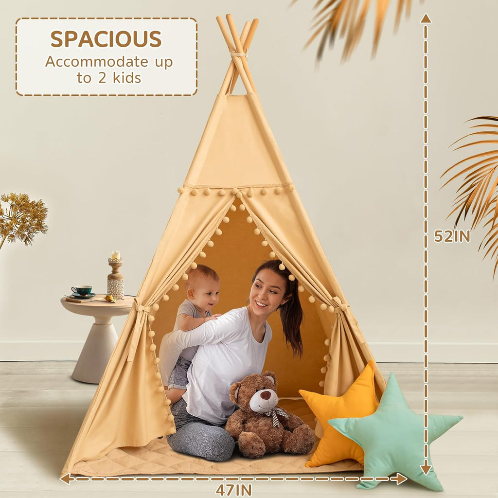 Teepee Tent for Kids with Mat, Cotton Canvas Kids Teepee with Pompom for Toddlers Indoor Play Tent for Girls Boys