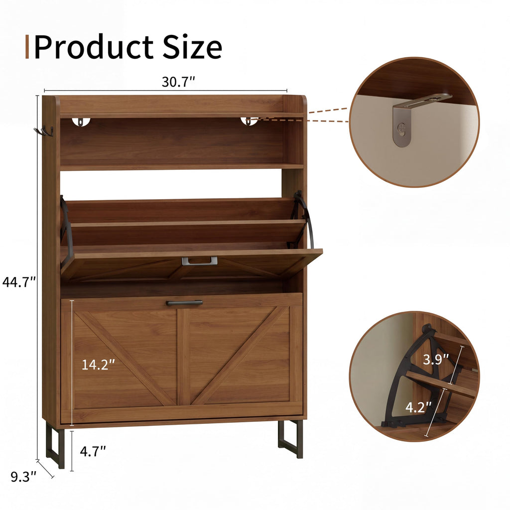 Shoe Storage Cabinet with 2 Flip Drawers, Entryway Shoe Rack, Walnut