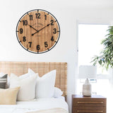 Large Old Town Farmhouse Wall Clock 24 Inch Rustic Antique Wood with Metal Circle and Large Numerals Silent Battery