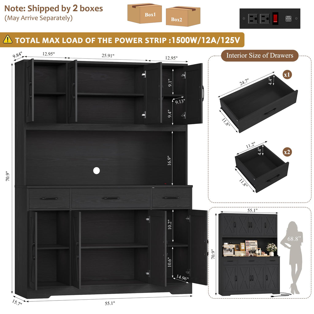 71" H Kitchen Pantry Cabinet, 55" Kitchen Hutch, Black Wood Grain