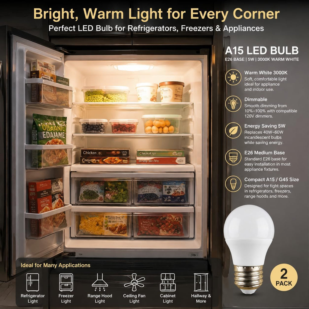 E26 Range Hood Bulbs, Dimmable A15 LED Appliance Bulb, 5W Refrigerator Lamp