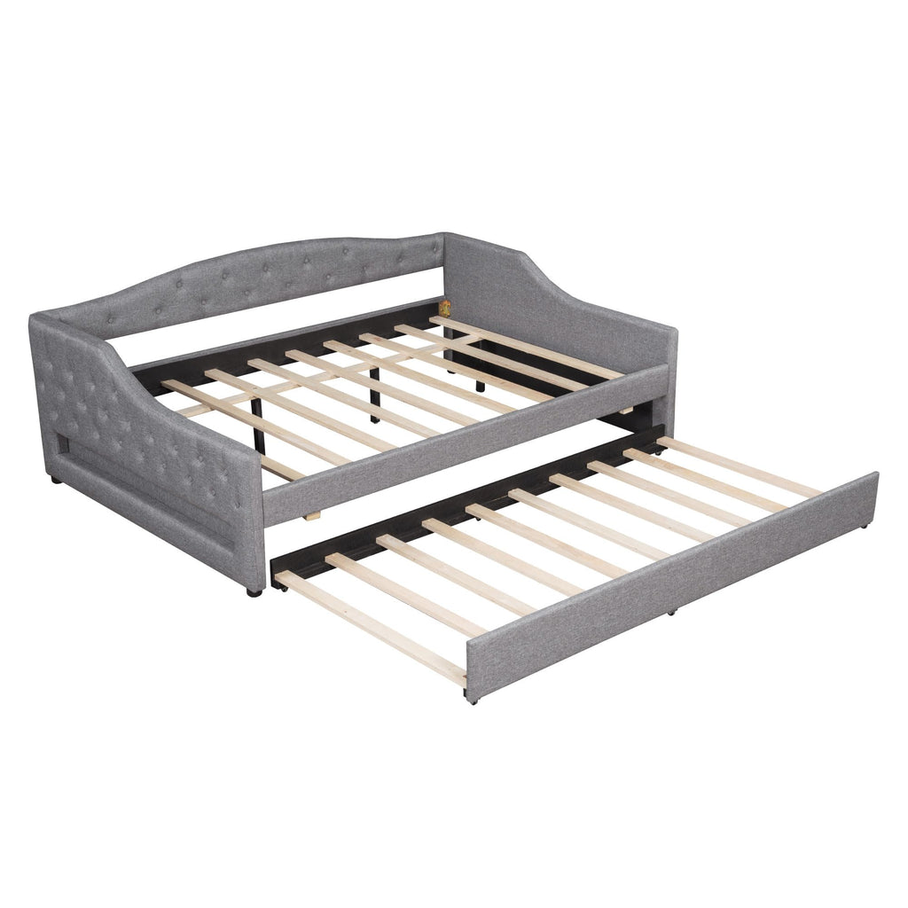 Full XL Upholstered Daybed with LED Lights, Corner Daybed Frame with Trundle, Linen, Gray