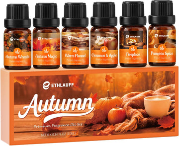 Fragrance Oil Autumn Set, Fall Essential Oils, Pumpkin Spice,Cinnamon & Apple,Fireplace, Autumn Wreath, Warm Flannel - Set of 6