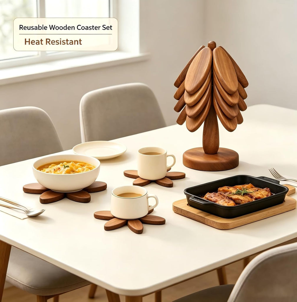 Wooden Trivets Set for Hot Dishes Kitchen Foldable Heat Resistant Trivet