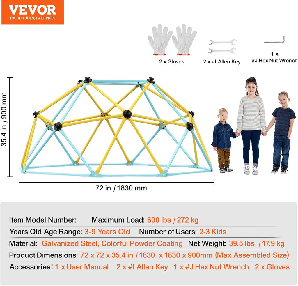 Climbing Dome, 6FT Jungle Gym for Kids 3 to 9 Years Old, Geometric Dome Climber Play Center Supports 600LBS and Easy