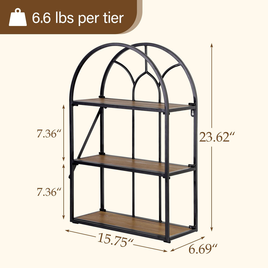Arched Foldable Metal & Wood Wall Shelf - 3 Tier Freestanding Floating Ledge Shelves Window Design Storage Rack Décor