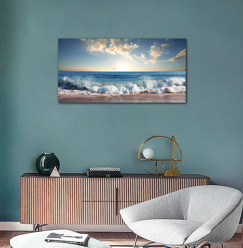 Beach Sunset Canvas Wall Art Blue Ocean Wave Nature Prints, 24"x48"